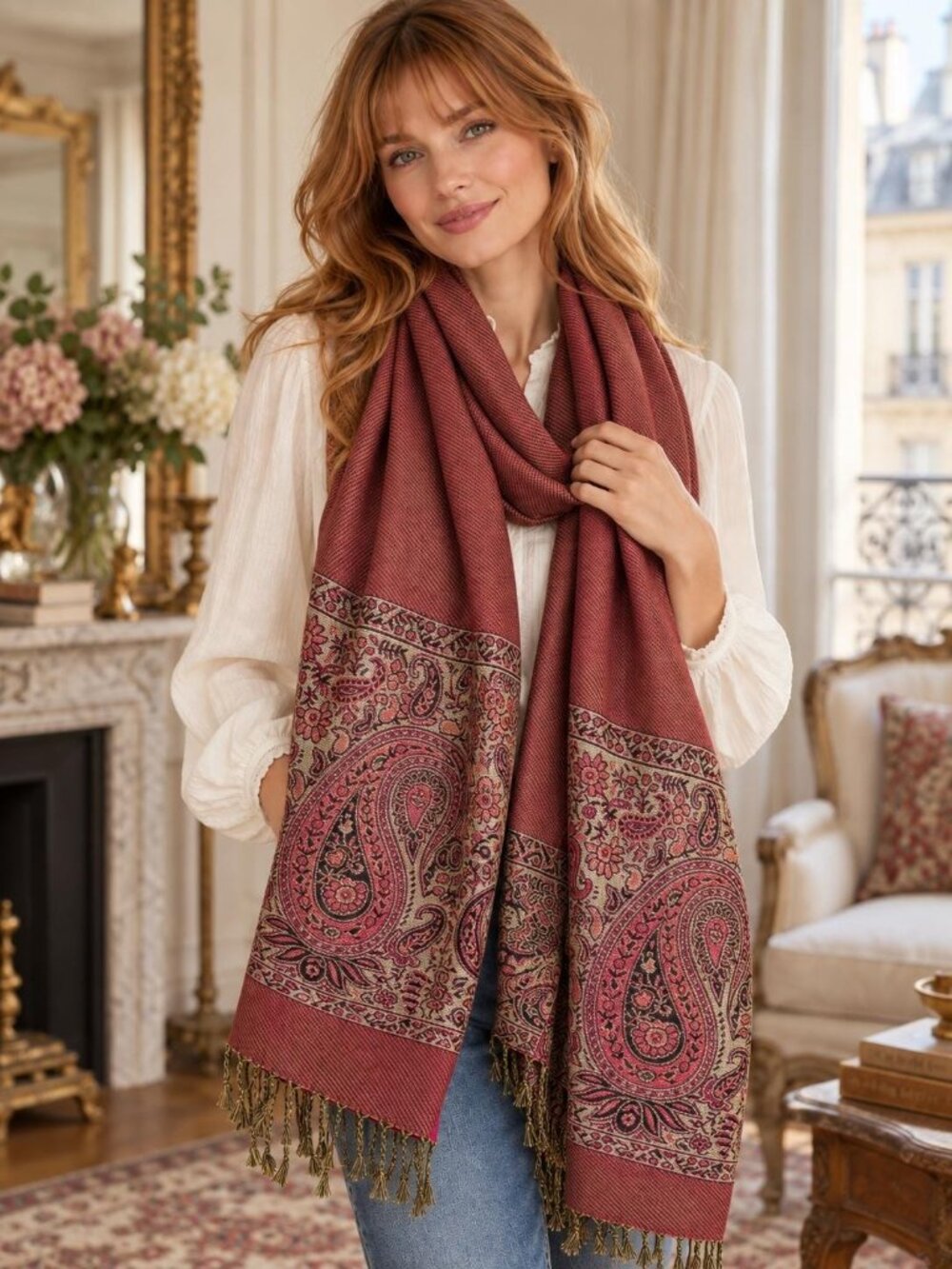 Reversible Pashmina Scarf, Raspberry Pink & Muted Rose Paisley Shawl